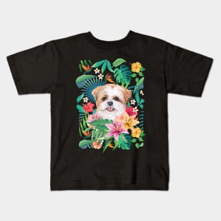 Tropical Gold Red White Shih Tzu 5 Kids T-Shirt